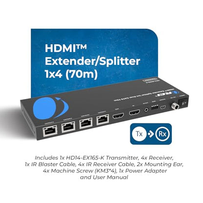 OREI 4K 1x4 HDMI Extender Splitter Over CAT6/7 Ethernet Cable Up to 4K@30Hz upto 165 ft-1080P@60Hz upto 230 ft, IR control, EDID, HDMI Loop Out (HD14-EX165-K) | HDMI Cat6 Converter, HDMI Over Cat5 – 10.2Gbps, HDR10, Dolby Vision, HLG, LPCM 7.1, Dolby True