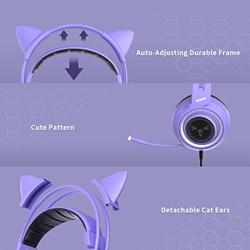SOMIC G951S Purple Stereo Gaming Headset with Mic for PS4, PS5, Xbox One, PC, Phone, Detachable Cat Ear 3.5MM Noise Reduction Headphones Computer Gaming Headphone Self-Adjusting Gamer Headsets - color: Purple