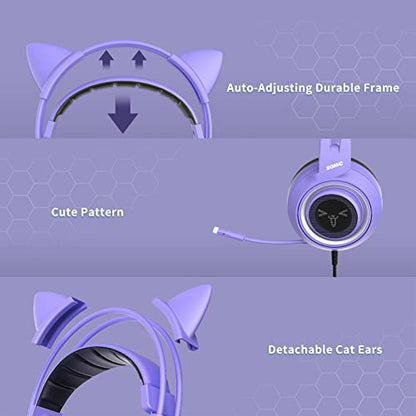 SOMIC G951S Purple Stereo Gaming Headset with Mic for PS4, PS5, Xbox One, PC, Phone, Detachable Cat Ear 3.5MM Noise Reduction Headphones Computer Gaming Headphone Self-Adjusting Gamer Headsets - color: Purple