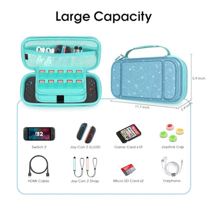 FINTIE Carrying Case for Nintendo Switch 2 (2025), Shockproof Hard Shell Switch 2 Case, Protective Cover Travel Bag with 19 Game Card & 2 Micro SD Card Slots & Inner Pocket, Glittering Blue - color: Glittering Blue
