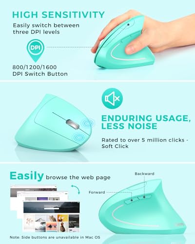Lekvey Ergonomic Mouse, Vertical Wireless Mouse Rechargeable 2.4 GHz Optical Carpal Tunnel Mouse : 800/1200 / 1600 DPI, 6 Buttons, for Laptop, PC, Mac, Computer, Desktop, Notebook etc, Green - color: Green