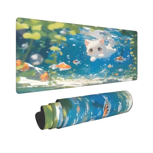 XXL Gaming Mouse Pad 35.4x15.7 inch, Cute Kawaii Cat Landscape Theme Desk Mat,Large Water Swimming Fish Scene Mousepad (Water Kawaii Cat) - color: Water Kawaii Cat