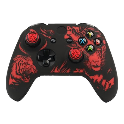 Tiger Controller Skin Cover Compatible with Xbox one Controller, RALAN Protector Case, Customised Thumb Grips Caps - color: Tiger Black Red