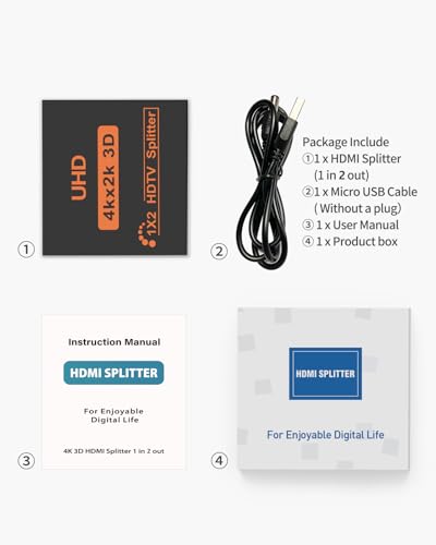 HDMI Splitter 1 in 4 Out 4K 30Hz HDMI-Splitter for Dual Monitors | with USB to DC Power Cable, 2 Way HDMI Distribution, Multi HDMI Adapter for PC/Laptop/HDTV/Projector, Mirror Only, Not Extend - size: 1x2 30Hz