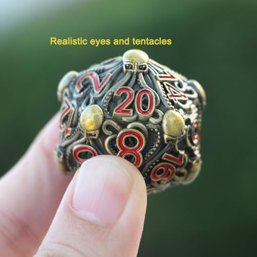 Metal D20 Dice with Intricate Octopus Design Antique Finish & Red Numbers for Call of Cthulhu, RPGs-DNDWoW BZQR - color: Antique Color Octopus D20 With Red Numbers