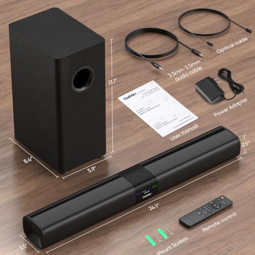 Saiyin Detachable Sound Bar with 6.5" Subwoofer, 10-Level Adjustable Bass | 24.1" Soundbar, 2.1Ch 100W Surround Sound System for TV, TV Soundbar with Optical, TV-ARC, Auxiliary and Bluetooth 5.3 Inputs - size: 24.1 inches