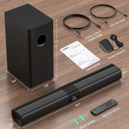 Saiyin Detachable Sound Bar with 6.5" Subwoofer, 10-Level Adjustable Bass | 24.1" Soundbar, 2.1Ch 100W Surround Sound System for TV, TV Soundbar with Optical, TV-ARC, Auxiliary and Bluetooth 5.3 Inputs - size: 24.1 inches