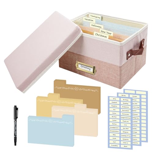 Greeting Card Organizer, Linen Storage Box, Light Pink Lotus Pink, 1 Pack | 20 Removable Dividers, 84 Labels & 1 Marker, Store Cards Photos Envelopes Postcards Stickers - color: Light Pink&Lotus