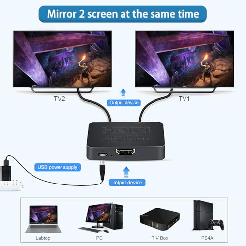 AKWOR HDMI Splitter 1 in 2 Out for Dual Monitors, 4K Dual HDMI Adapter Extender for 2 Monitors- Copy 1 Source to 2 Displays at The Same Time - style: Splitter