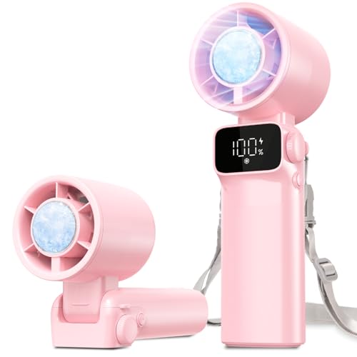 Ouddy Mode Portable Handheld Pink Fan Rechargeable, Ice Cooling Foldable Personal Fan, Up to 13Hrs Turbo Pocket Hand Held Fans for Travel, Camping, Hiking, Beach, Office, Outdoor - color: Pink