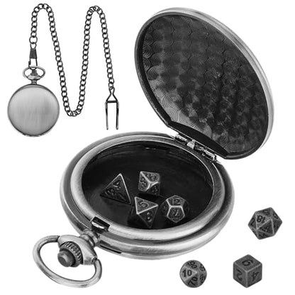 Mini DND Dice Set with Smooth Pocket Watch Shell Case, 7pcs Polyhedral Metal D&D Dice Accessories, DND Gifts with Box for Player, Role Playing Board Games Accessories, DND Gifts, Dark Silver - color: Dark Silver