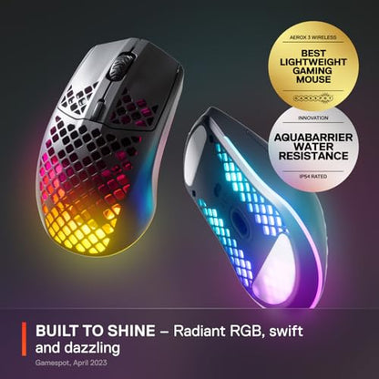 SteelSeries Aerox 3 Wireless - Holey RGB Gaming Mouse - Ultra-lightweight Water Resistant Design - 18K DPI TrueMove Air Optical Sensor- Onyx - color: Onyx, style: Gen 1