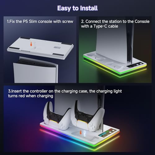 PS 5 Cooling Station Stand RGB with Dual Controller Charging Station for PS 5 Console, PS 5 Accessories Incl. Controller Charger, Cooling Fan, Headset Holder, 3 USB Hub - color: RGB-white