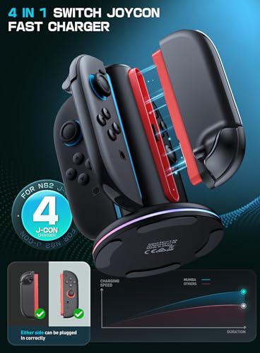 Mumba Magnetic Charging Station Compatible with Nintendo Switch 2, 4-in-1 Fast Charging Dock for Joy-Con Controllers, Dual-Direction Design with 9 RGB Lights, Overcharge Protection & USB-C Cable