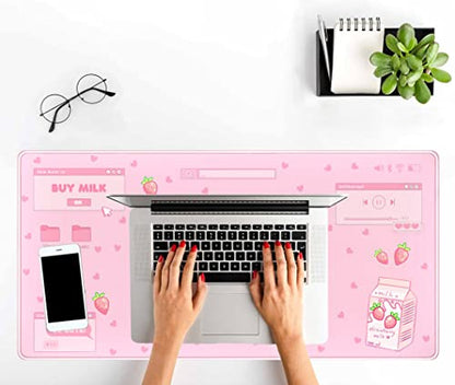 Pink Kawaii Anime Gaming Mouse Pad XXL, Strawberry Milk Mousepad Large, Aesthetic Laptop Keyboard Mats, Full Desk Mouse Mat for Women Girl 31.5X15.7 in - color: Pastel Game Over