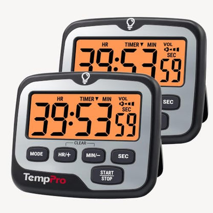 TempPro TM01(2 Pack) 2-in-1 Kitchen Timers for Cooking with Clock Mode | Magnetic Timer with Adjustable Alarm Volume, Digital Timer with Touch Backlight, Kids Timers for Classroom Teacher Supplies - size: Digital Timer 2 Pack