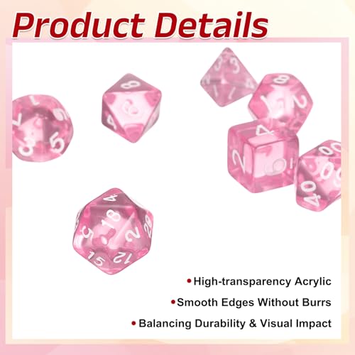 uxcell Polyhedral Dice Set, 7 Pcs Acrylic Dice for Role Playing Table Games Tabletop Gaming Accessories, Transparent Pink - color: Transparent Pink