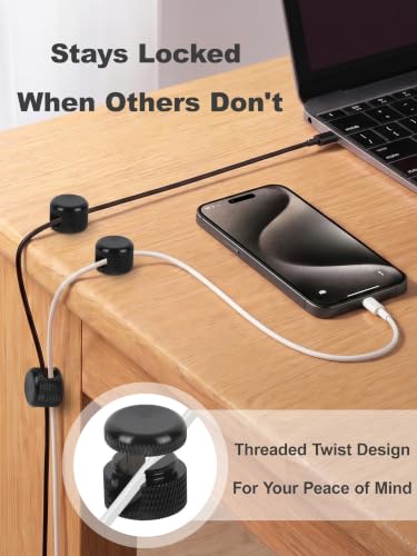 Black Aluminum Cable Clips for Desk 3 Pack, Upgraded Adhesive | Cord Holder for Nightstand, Screw-top Phone Cord Holder, USB Wire Cable Management Clips to Keep Cables Tidy