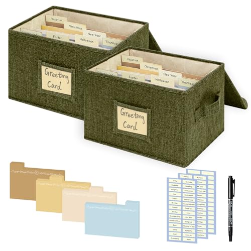 Greeting Card Organizer, Card Organizer Box with 40 Dividers, 168 Label Stickers, and 2 Markers, Stylish Greeting Card Storage Box for Easily Collecting Greeting Cards. 2 Pack, Olive Green - color: Olive Green, size: 2 Pack