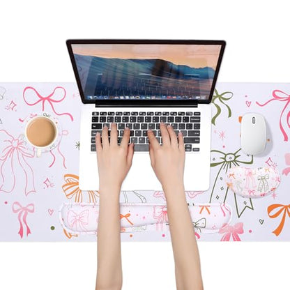 MEGREZ 4-in-1 Mouse Pad with Wrist Rest Ergonomic Memory Foam Desk Mat Set | ergonomic, anti-slip base, 4pcs set, desk pad, mouse wrist rest, keyboard rest, coaster, ideal for office & gaming - color: Bow