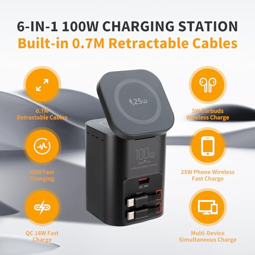 100W Multi-Function Desktop Charging Station, Wireless Charger with Dual 75cm Retractable USB-C Cables, USB-A QC3.0, Fast Charging for Laptops, Phones, Earbuds（I161C）
