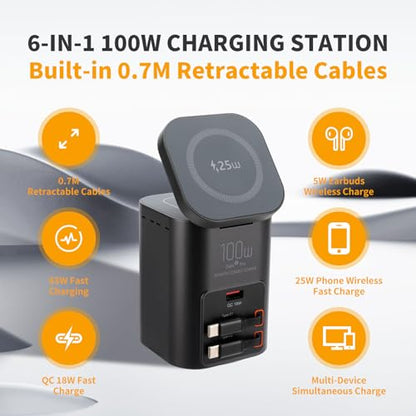 100W Multi-Function Desktop Charging Station, Wireless Charger with Dual 75cm Retractable USB-C Cables, USB-A QC3.0, Fast Charging for Laptops, Phones, Earbuds（I161C）