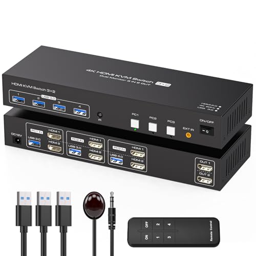 HDMI KVM Switch 2 Monitors 3 Computers Support 4K@60Hz USB 3.0 KVM Switches Share Dual Monitors and 4 USB 3.0 Ports Support Extended/Copy Mode with DC 12V Adapter&Wired Controller - color: White-1
