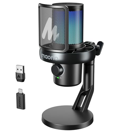 MAONO DM40 Pro Wireless USB Gaming Microphone for PC, 10 AI Voice Changer | Computer Condenser Mic with Noise Cancellation, Mute, RGB, Gain, EQ, Headphone Monitor, 75H for Stream Record Podcast ASMR - color: Black