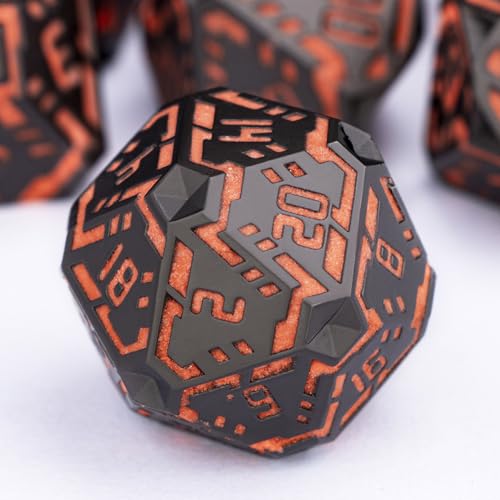 Metal DND Sci-fi Dice Set 7PCS Luminous Orange Stripe Polyhedral Dice for Dungeons Dragons RPG Role Playing Game, Glitter D and D Dice with Gift Box D6 D8 D10 D12 D20 - color: Nightlight - Orange