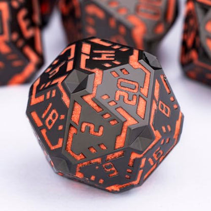 Metal DND Sci-fi Dice Set 7PCS Luminous Orange Stripe Polyhedral Dice for Dungeons Dragons RPG Role Playing Game, Glitter D and D Dice with Gift Box D6 D8 D10 D12 D20 - color: Nightlight - Orange