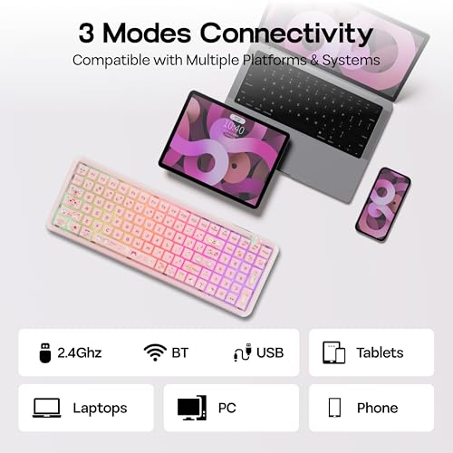 MechLands X Maorbeng X100 PRO Membrane Gaming Keyboard with Number Pad, RGB Backlits, Wireless Computer Keyboard with 5000mAh Battery, BT/2.4G/USB-C Wired, 96% Layout for Windows/Mac/PC (Pink) - color: Pink
