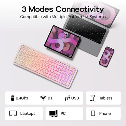 MechLands X Maorbeng X100 PRO Membrane Gaming Keyboard with Number Pad, RGB Backlits, Wireless Computer Keyboard with 5000mAh Battery, BT/2.4G/USB-C Wired, 96% Layout for Windows/Mac/PC (Pink) - color: Pink