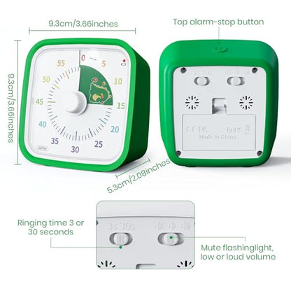 Dinosaur Visual Timer for Kids, 60-min Countdown Timer, Green | Protective Case, No Ticking, Mute and Ringing Alarm Available, Time Management Tool, Low Power Reminder, for Study,Game,Work - color: Green Dinosaur