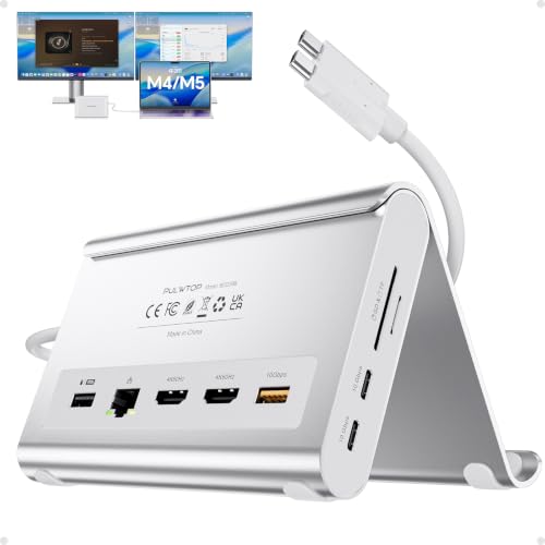 11-in-2 USB C Docking Station Dual Monitor 4K@60Hz for for M5/M4/M3 Pro/Max | PULWTOP MacBook Docking Station with 2 HDMI, Vertical Stand Dock, PD, Ethernet, SD/TF, 10Gbps USB A/C, USB 2.0, Audio- Silver - color: Silver