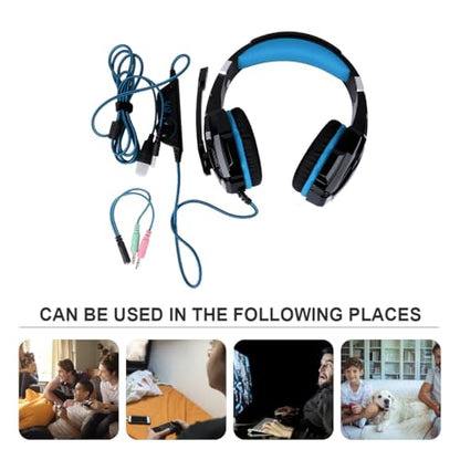 KALLORY Wired Gaming Headset with Mic and Glowing Led, Over-Ear Head-Mounted Headphones for PC and Console with 3.5mm Adapter Cable, Black and Blue for Online Gaming and Esports