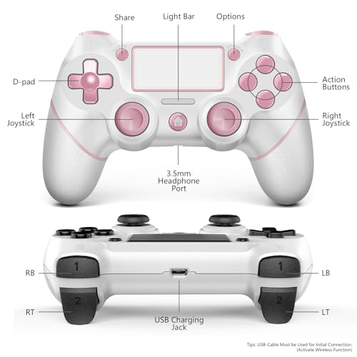 AceGamer 2 Pack for PS4 Controller, Wireless Controller for PS4/Pro/Slim/PC, with Non-Slip Grip of Both Sides,3.5mm Audio Jack and USB-C Cable! (Pink and White) - color: Pink and White