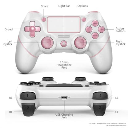 AceGamer 2 Pack for PS4 Controller, Wireless Controller for PS4/Pro/Slim/PC, with Non-Slip Grip of Both Sides,3.5mm Audio Jack and USB-C Cable! (Pink and White) - color: Pink and White