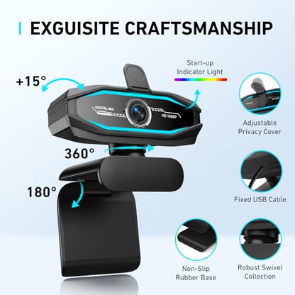 1080P Webcam with Microphone, Full HD Web Camera with RGB Light for Pc, Light Correction and Noise Cancellation Streaming Webcam, USB Computer Camera with Privacy Cover ,Plug and Play PC Web Cam