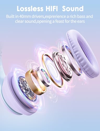 Cat Ear Bluetooth Headphones with Micphone for Kids & Adults, LED Light Up Wireless HI-FI Sound Quality, Over-Ear Headphones with Volume Control for iPhone/iPad/Laptop/PC(55H Play Time) - style: Adults-105dB-Purple