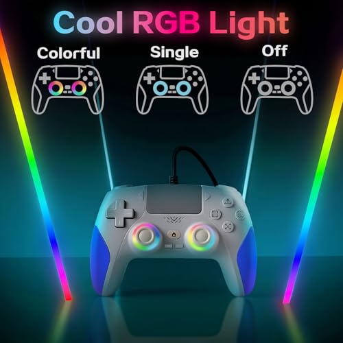 Kamylorus Wired Controller for PS-5/PC, RGB Gaming Controller with Programmable/Remap/Turbo/LED Light Functions, 3.5MM Headphone Jack, Dual Vibration - color: white