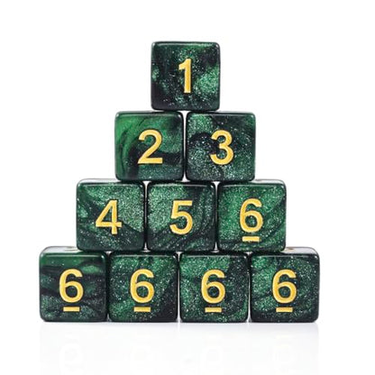10 Pieces Polyhedral Dice Set D6 Dice 16mm Acrylic 6 Sided Dice Game Dice for Dungeons and Dragons RPG MTG DND Dice Table Games (Starry Green Black) - color: Starry Green Black