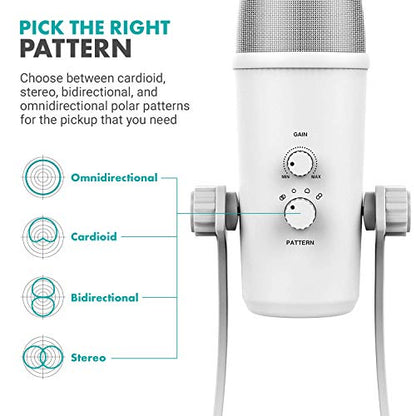Movo UM700W White Desktop USB Microphone for Computer - Studio Mic with 4 Pickup Patterns - USB Gaming Microphone for PC, Mac, and Android - Best Mic for Podcast Recording and Streaming Setup