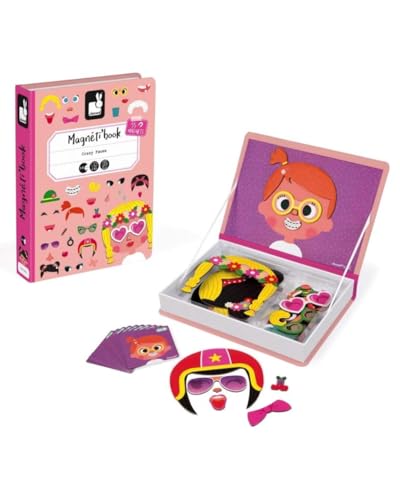 Janod MagnetiBook 66 pc Magnetic Girl Crazy Face Dress Up Game - Ages 3+ - Creative Play - Enhances Creativity and Learning - Includes 55 Magnetic Pieces and 10 Cards | Ideal for Kids Ages 3+ - Enhances Creativity and Learning - Fun Travel Activity - Incl