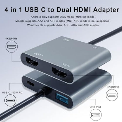 USB C to Dual HDMI Adapter, 4K@60Hz HDMI Splitter for Dual Monitors with USB 3.0, 100W PD Charging, HDMI Splitter Extended Display for MacBook Air/Pro, Dell XPS, HP, Surface, Chromebook - size: 4 IN 1 USB C Hub
