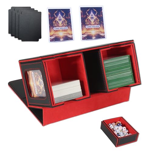 Card Deck Box for Trading Cards with Dice Storage, Double window separation Box Holds 200+ Single Sleeved Cards, PU Leather Magnetic Closure Storage Case for Magic Commander TCG CCG (Black&Red)