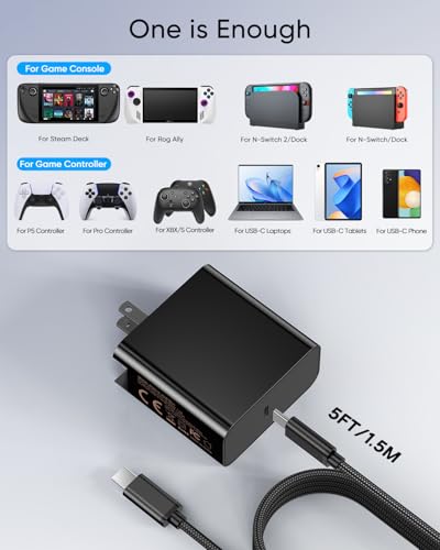 65W Fast Charger for Nintendo Switch 2, Steam Deck & ROG Xbox Ally,Xbox Rog X - PD3.0 Foldable AC Adapter with Cable, Switch 2 Charger Support TV Dock, [Original Steam Deck Charger Replacement] (5FT) - size: 5FT
