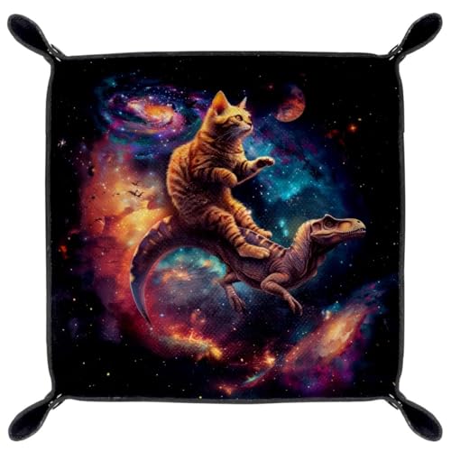 Funny Cat Riding Dinosaur Galaxy Dice Tray Dice Rolling Tray Folding Dice Holder for Dice Games, Like RPG, DND and Other Table Games - color: Multi 14