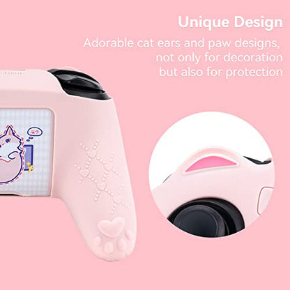 GeekShare Cat Paw Controller Skin Grips Set - Switch Pro Compatible - Anti-Slip Silicone Protective Cover Case - Joystick Caps - Pink