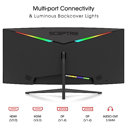 Sceptre 34-Inch Curved Ultrawide WQHD Monitor (3440 × 1440), R1500, up to 180Hz/165Hz, DisplayPort x2, 99% sRGB, 1ms, Built-in Speakers, Machine Black, 2025 (C345B-QUT168) | 34 Va 1500r Curved Wqhd, 1ms Mprt, 99% Srgb, Dp1.4×2, Hdmi2.0×2, Built-in 2×3w Sp