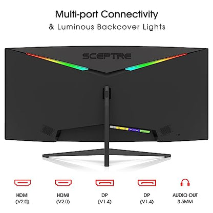Sceptre 34-Inch Curved Ultrawide WQHD Monitor (3440 × 1440), R1500, up to 180Hz/165Hz, DisplayPort x2, 99% sRGB, 1ms, Built-in Speakers, Machine Black, 2025 (C345B-QUT168) | 34 Va 1500r Curved Wqhd, 1ms Mprt, 99% Srgb, Dp1.4×2, Hdmi2.0×2, Built-in 2×3w Sp